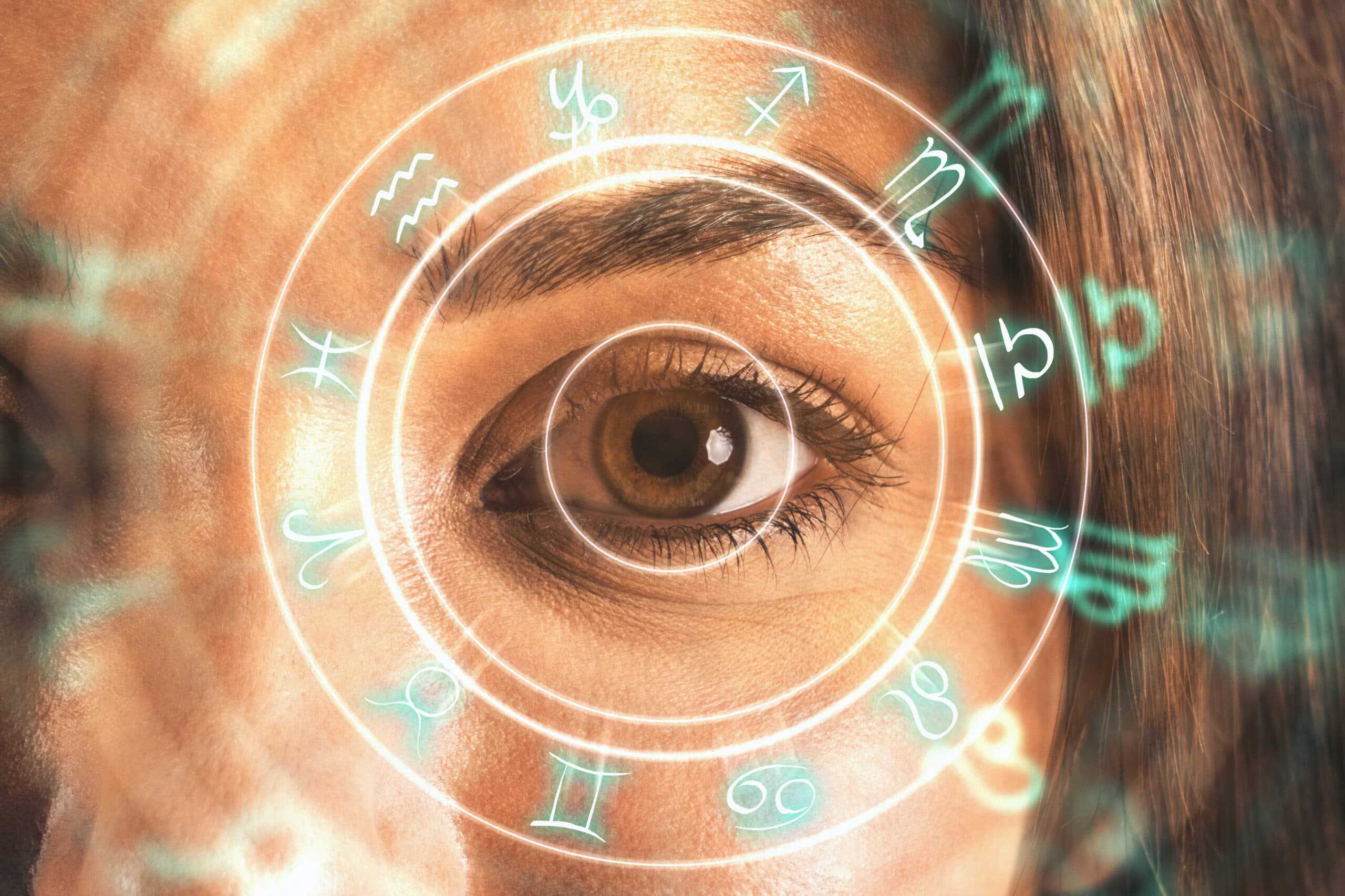 Close up of eye with horoscope wheel. Fortune and abstract concept. Double exposure