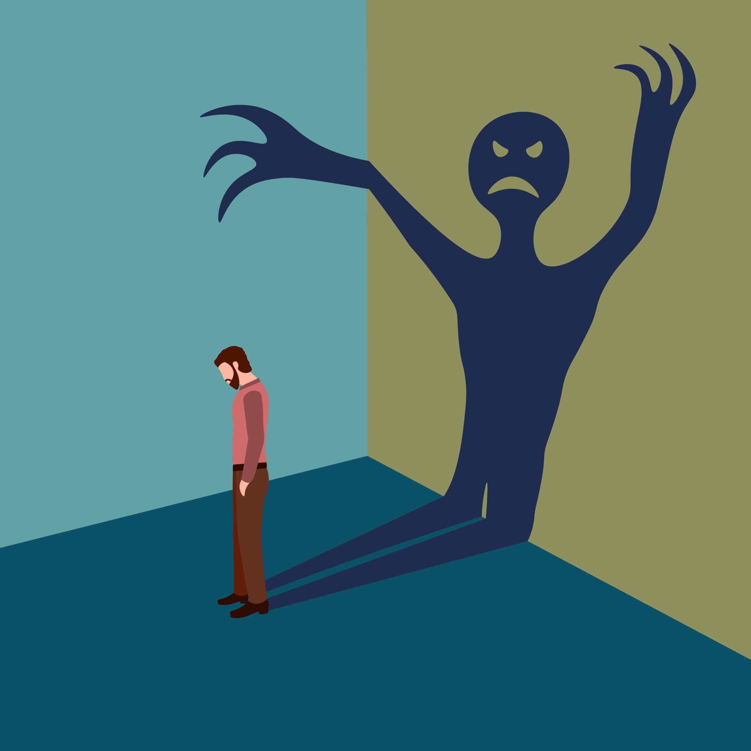 Concept of anxiety disorders, mental illness, stress and depression. A man with inner fear stands with his head down and a shadow behind in the form of a monster. Vector illustration of human phobia.