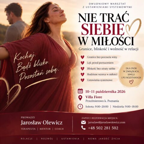 Plakat warsztatu „Nie trać siebie w miłości” — Villa Fiore k. Poznania, 10–11 października 2026; kobieta w bordowej sukni i mężczyzna w tle.