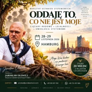 Plakat warsztatu „Oddaję to, co nie jest moje” — Jarosław Olewicz, Hamburg, 28–29 listopada 2026; portret prowadzącego, korzenie drzewa i panorama miasta.